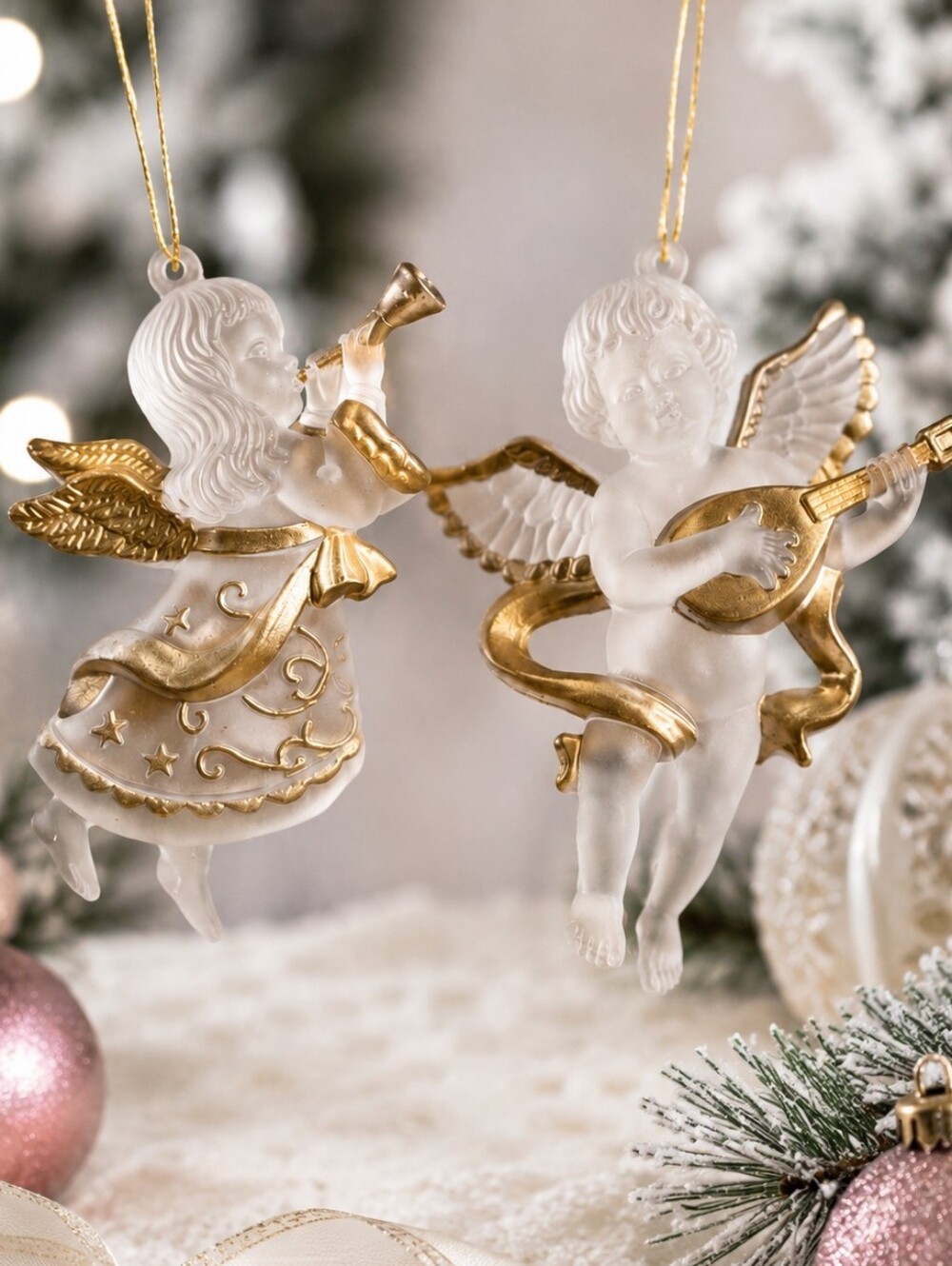 Vintage Frosted Angel Cherub Ornaments Gold Cottagecore Christmas Set
